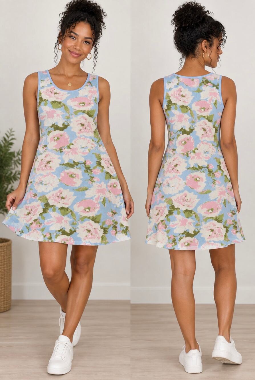 Donna Ricco New York XL Blue Pink Floral Sleeveless A-Line Knit Dress NWT